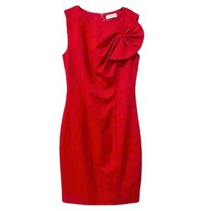 Calvin Klein Size 12 True Red Sheath Dress Attached Shoulder Bow Back Zip